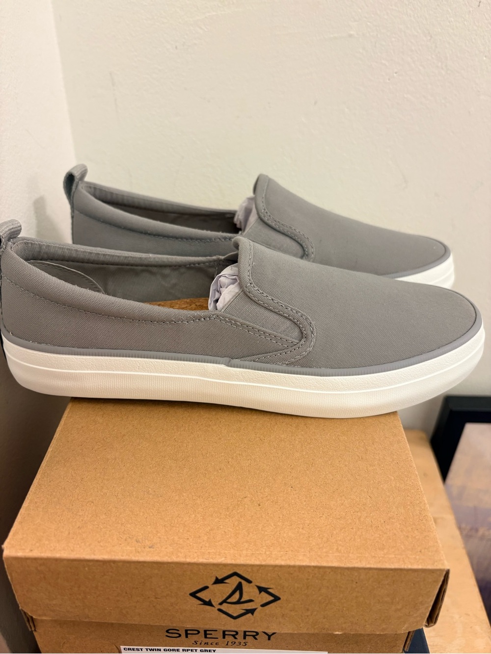 Sperry Women Slip-On Canvas Loafers in Light Gray with White Sole